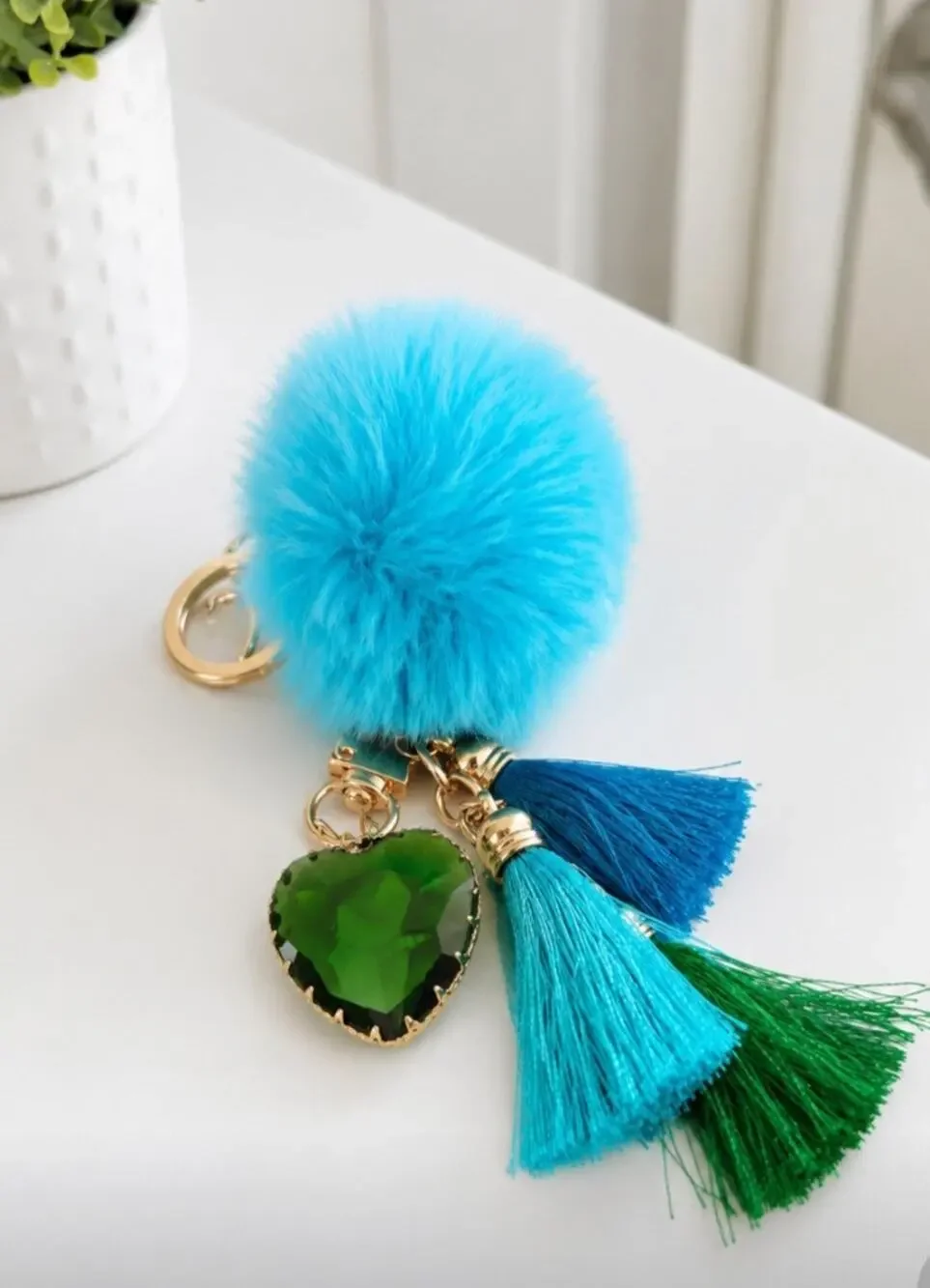 Blue Fuzzy Pom Pom Crystal Heart Bag Charm New